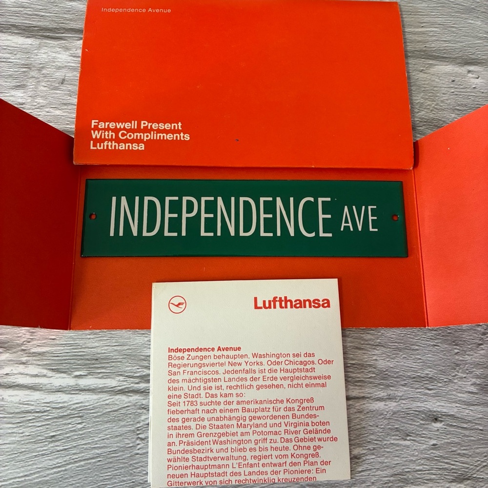Vintage Mint Lufthansa Farewell Gift Mini "INDEPENDENCE AVE" Metal Street Sign